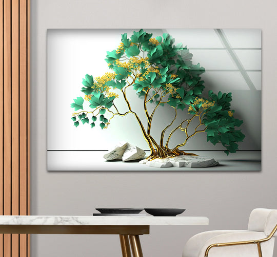 Showing the layering effect, this elegant green tree botanical glass art print features gold branches against a layered white marble base, creating depth with this glass art.