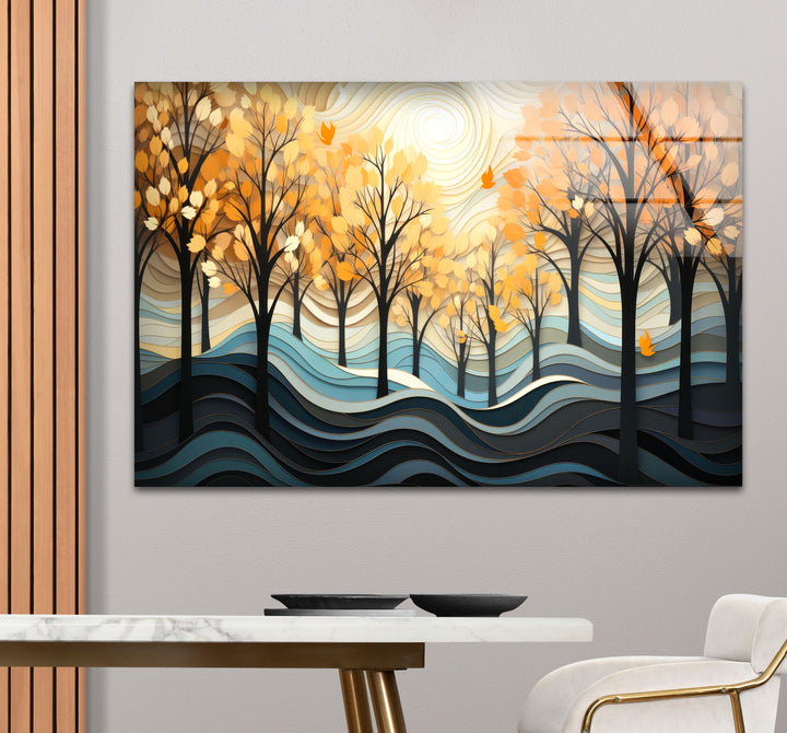 Golden Forest Glass Wall Art – Autumn Trees Abstract Landscape Decor