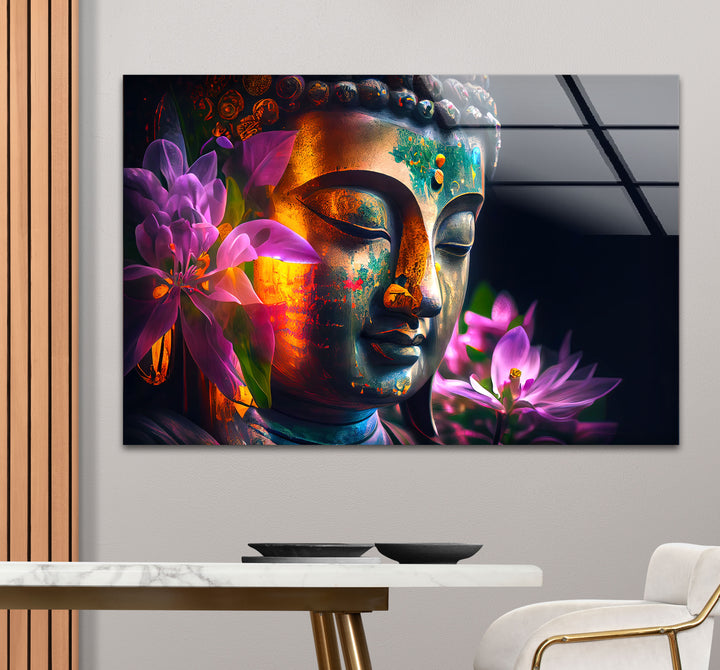 Colorful Buddha Wall Art – Floral Enlightenment Glass Print