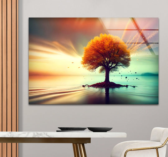 Geometric lines create a reflection of a serene landscape in this floating autumn tree glass print design, enhancing the glass wall artwork's contemporary appeal.