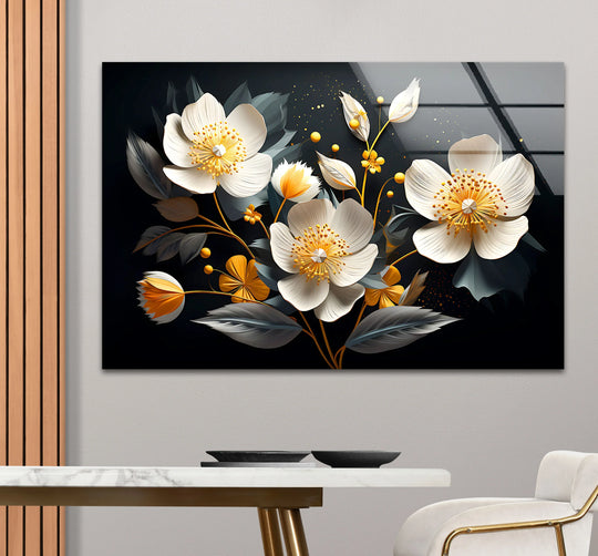 Foreground shows an elegant bloom glass wall artwork featuring a white and gold floral design, creating a striking contrast against the black background.
