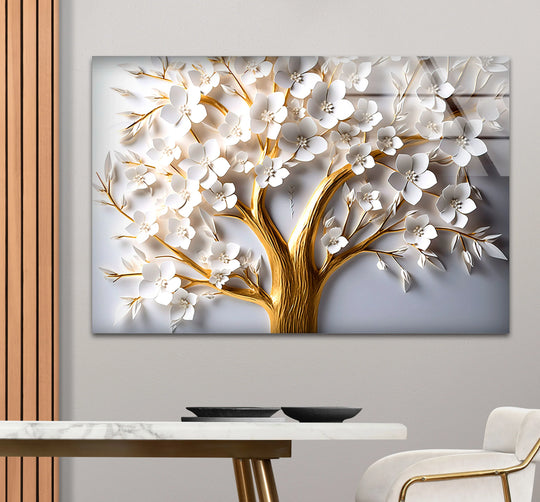 Horizontal and rectangular home decoration showcases a golden blooming tree wall art with delicate white flowers, printed on elegant glass for a radiant and luxurious look.