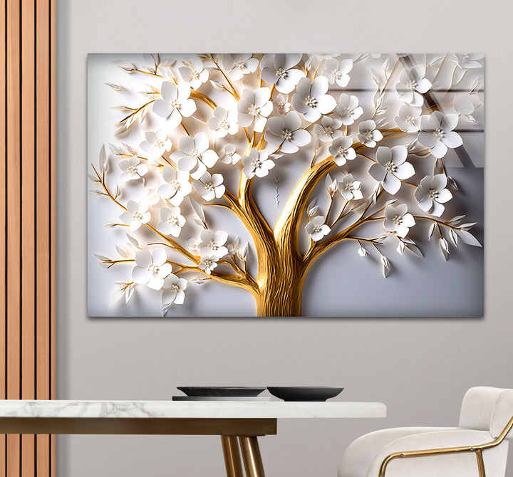 Golden Blooming Tree Wandkunst – Weißer Blumenglasdruck für elegantes Dekor