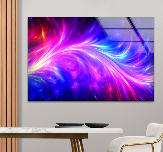 Vivid abstract glass print with neon swirls floats on negative space, a unique modern wall decor piece.