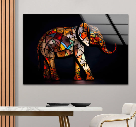 The colorful elephant is a stained glass animal and bold artwork and glass print for modern decor