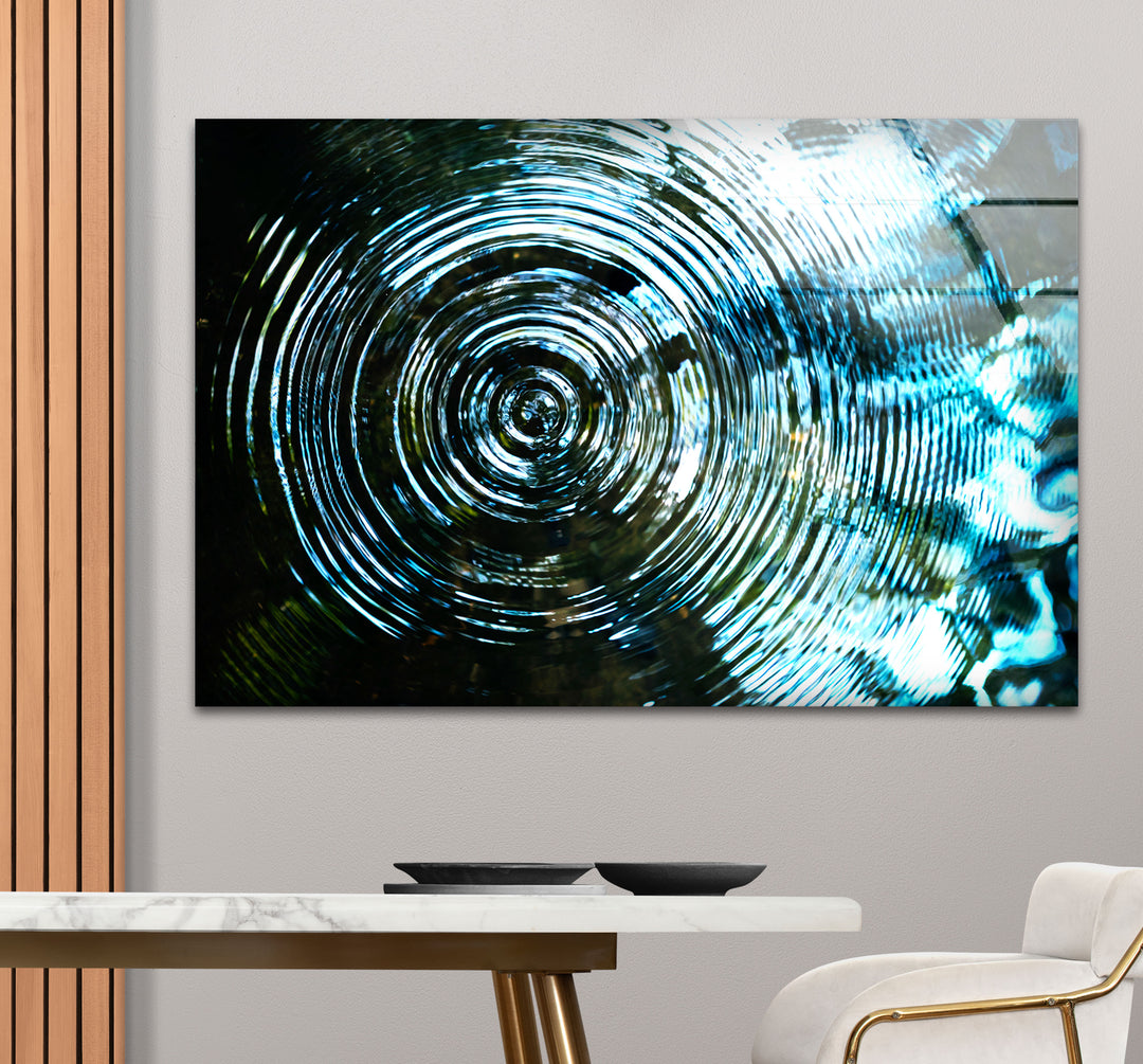 Water Ripple Abstract Wall Art – Blue Circular Wave Glass Print Design