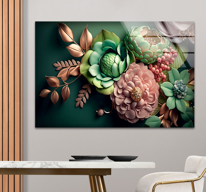 Grüne botanische Wandkunst – 3D-Blumendruck auf Glas mit goldenen und rötlichen Akzenten