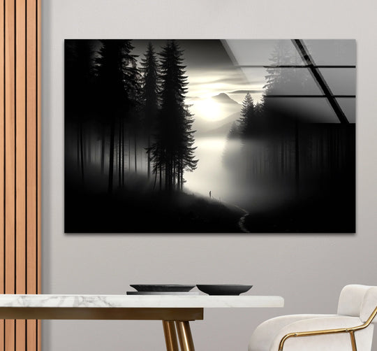 Horizontal, rectangular foggy forest black and white wall art showcases a minimalist glass wall prints design perfect for creating a captivating landscape art display.