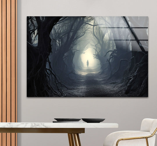 This cool hanging wall art depicts a mysterious, cool-toned forest path with a lone figure shrouded in fog.