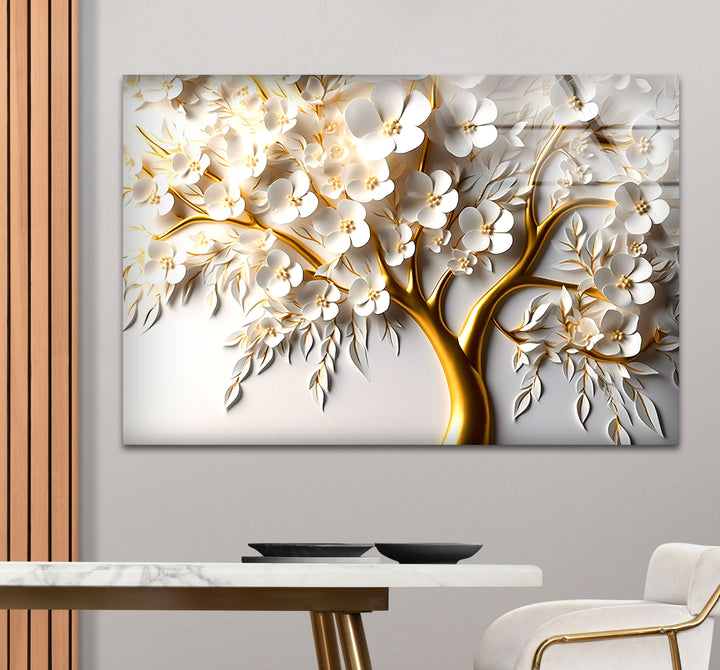 Golden Blossom Tree Wandkunst – Weißes Blumenglaskunstwerk für elegantes Dekor