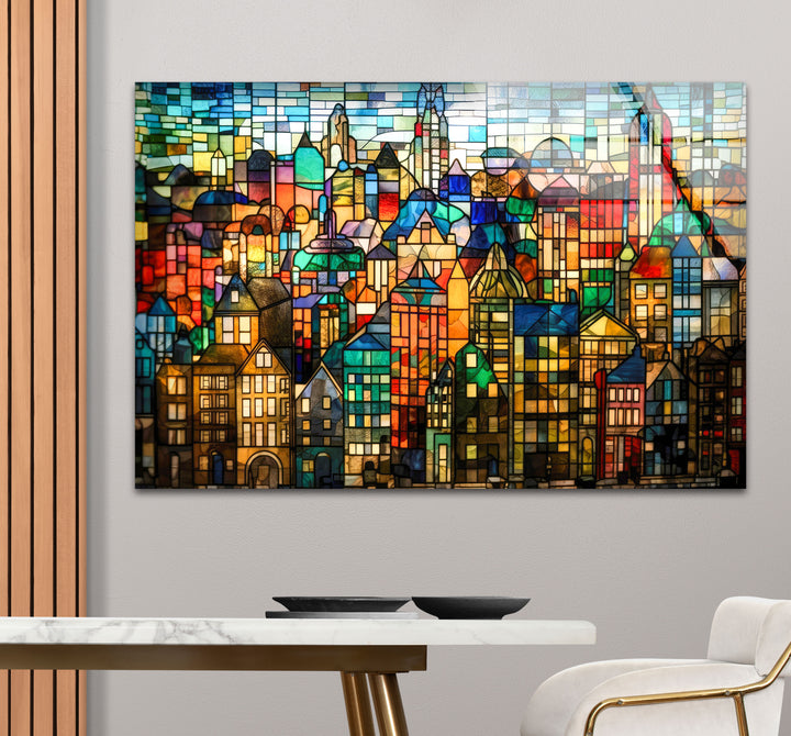 Bunte Stadtwandkunst aus Buntglas – Urban Skyline Glasdruck-Design