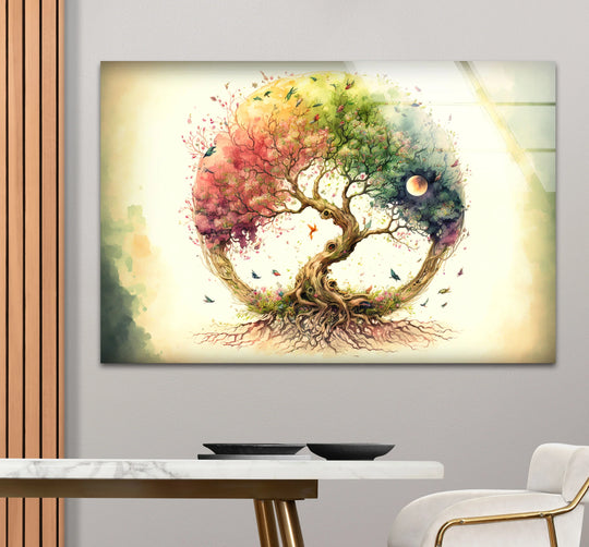 Displaying realistic detail, this Rainbow Tree of Life glass wall art prints beautifully as a whimsical watercolor design featuring colorful birds and a detailed, luminous moon.