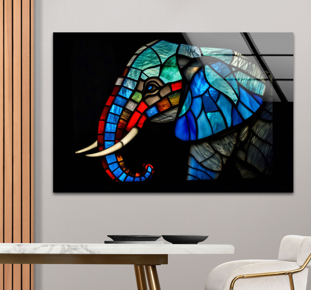 Blaue Elefanten-Wandkunst aus Buntglas – Farbenfrohes Tier-Glasdruck-Design