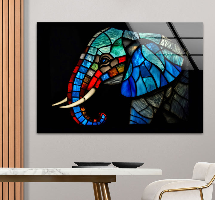 Blaue Elefanten-Wandkunst aus Buntglas – Farbenfrohes Tier-Glasdruck-Design