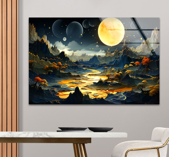 Fantasy Moonlit Landscape Wall Art – Surreal Glass Print with Golden River