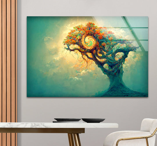 Foreground table details frame the lower portion of this spiral tree hanging wall art, showcasing the mystical tree of life glass print design.
