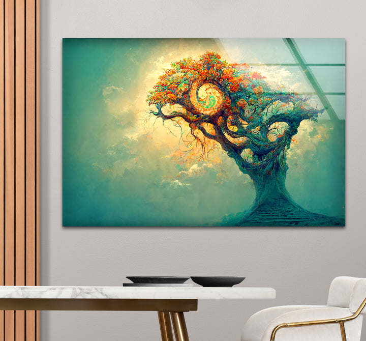 Spiralbaum-Wandkunst – Mystisches Fantasy-Lebensbaum-Glasdruck-Design