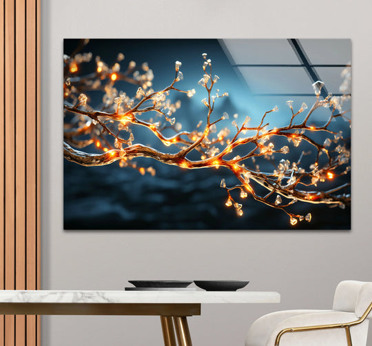 Highlighting the abstract quality, illuminated nature glass print with a golden crystal tree branch offers a modern art from glass interpretation of botanical forms.