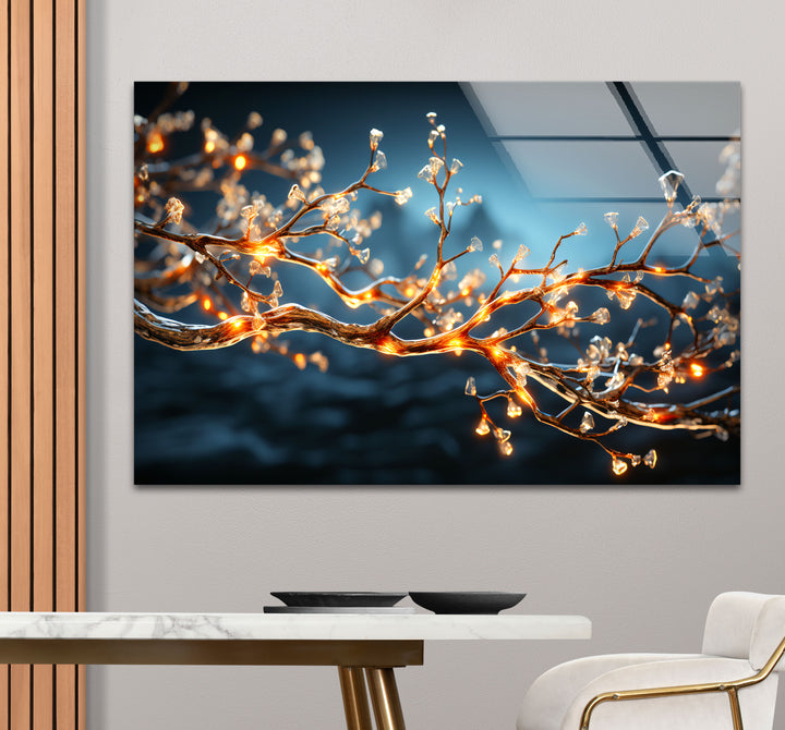 Golden Crystal Tree Branch Wall Art – Illuminated Nature Glass Print