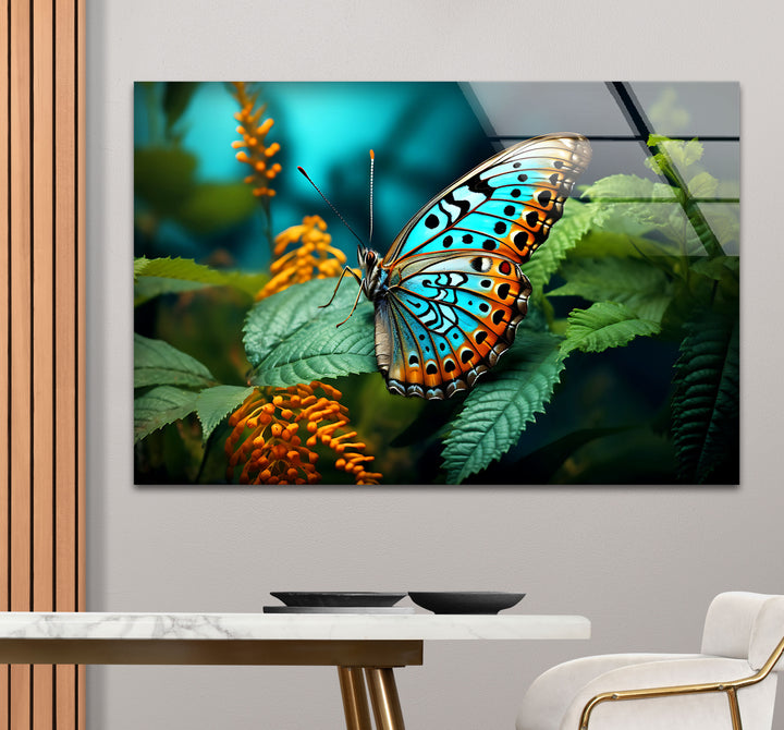 Blue Monarch Glaswandkunst – Lebendiger Schmetterling auf Blattdruck 