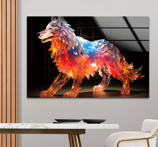 The softest element of this glowing wolf wall art prints is the translucent, fiery glass-like sculpture with a radiant abstract glow.