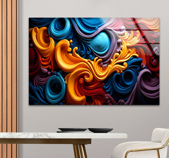 This vibrant abstract glass wall art showcases bold color waves printed on tempered glass with exceptional clarity.