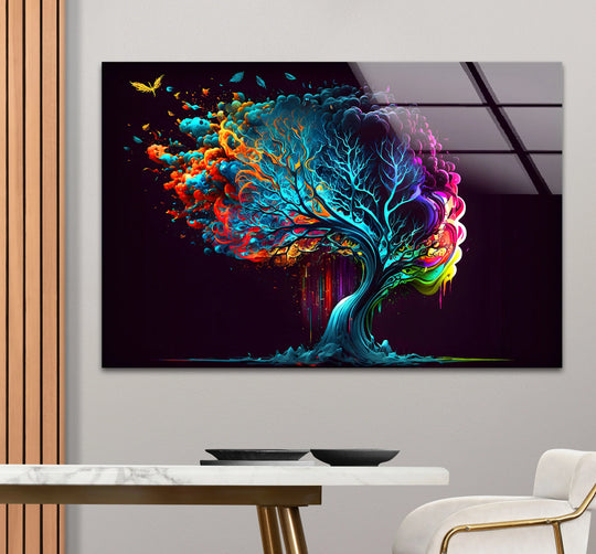A vibrant fantasy tree wall art with colorful abstract elements printed on glass.