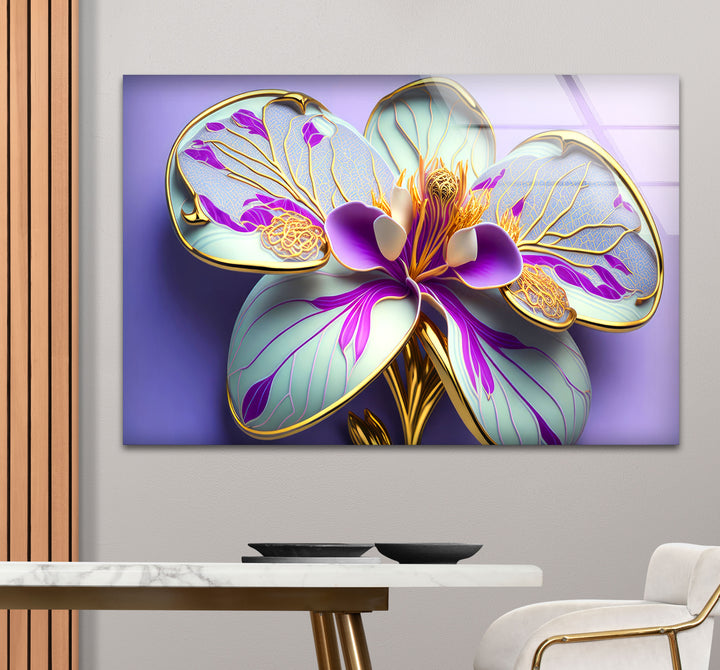 Luxuriöse Wandkunst mit Orchideenblüte – Lila- und Goldblumen-Glasdruck