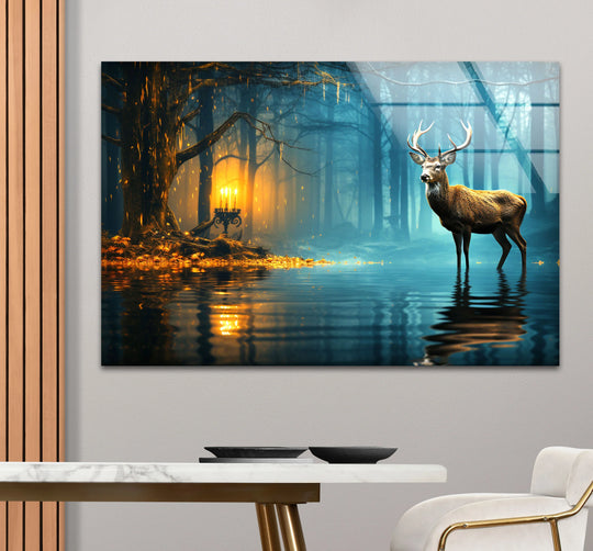 Mystic forest deer wall art prints feature the darkest, shadowy depths of an enchanted forest scene with reflections.