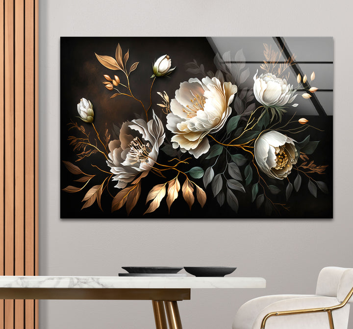 Elegante weiße Pfingstrosen-Wandkunst – Dunkler Blumendruck auf Glas mit goldenen Akzenten
