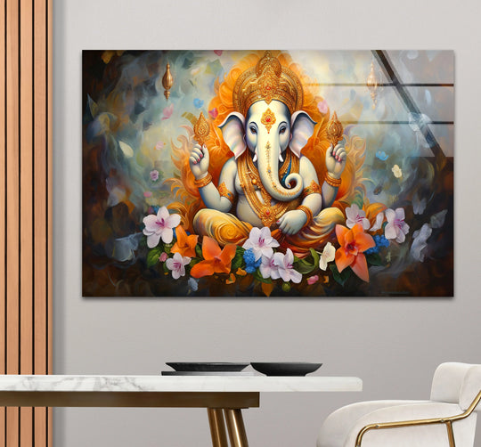 The central subject, Ganesha, emanates serenity in this sacred glass printing featuring divine floral details from the Hindu decor glass print.
