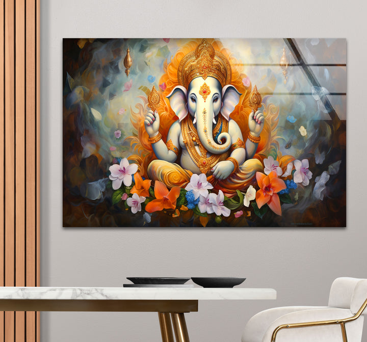 Sacred Ganesha Wall Art – Divine Floral Hindu Decor Glass Print