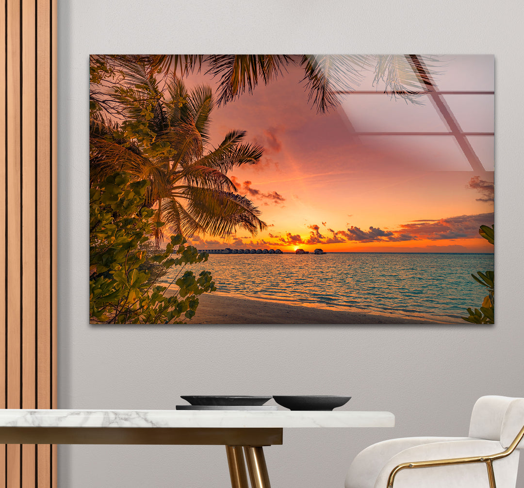 Tropical Sunset Beach Wall Art – Palm Tree Ocean View Glass Print
