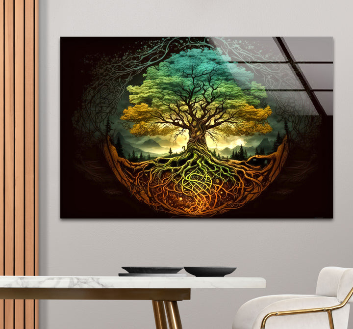 Wandkunst „Baum des Lebens“ – Lebendige Wurzeln und Waldenergie-Glasdruckdesign