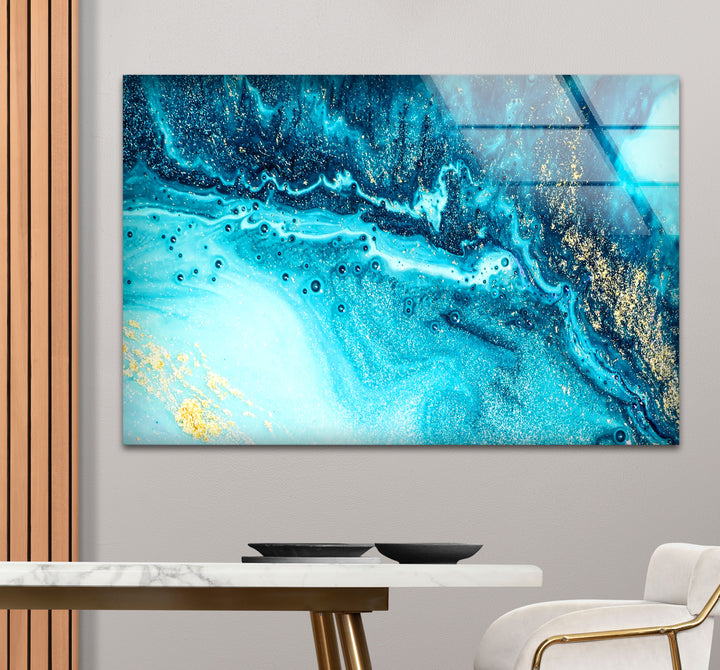 Blue and Gold Abstract Wall Art – Ocean-Inspired Glass Print Design