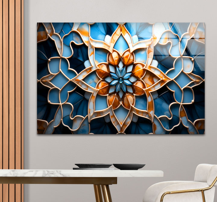Blue & Amber Geometric Wall Art – Islamic Mandala Glass Print for Modern Interiors
