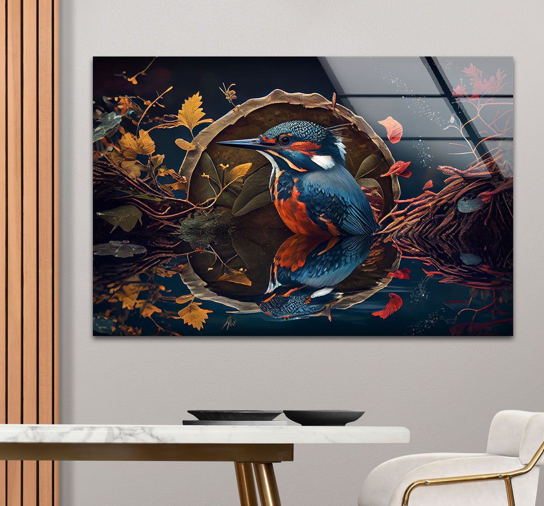 Eisvogel-Reflexion Wandkunst – Herbstwaldvogel-Glasdruck-Design