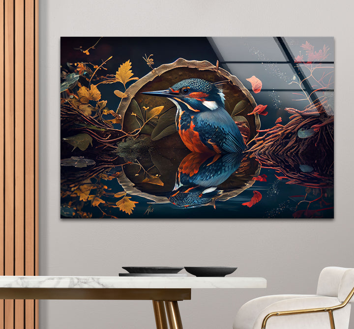Eisvogel-Reflexion Wandkunst – Herbstwaldvogel-Glasdruck-Design