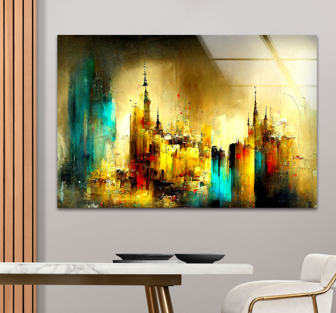 Abstract Cityscape Wall Art – Golden and Teal Urban Glass Print Design