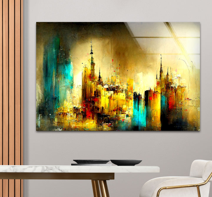 Abstract Cityscape Wall Art – Golden and Teal Urban Glass Print Design