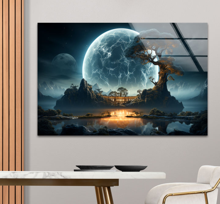 Moonlit Zen Temple Wall Art – Futuristic Landscape Glass Print