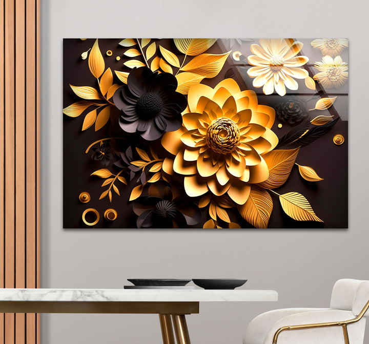 Golden Bloom Florale Wandkunst – Dekor aus gehärtetem Glas in Schwarz und Gold
