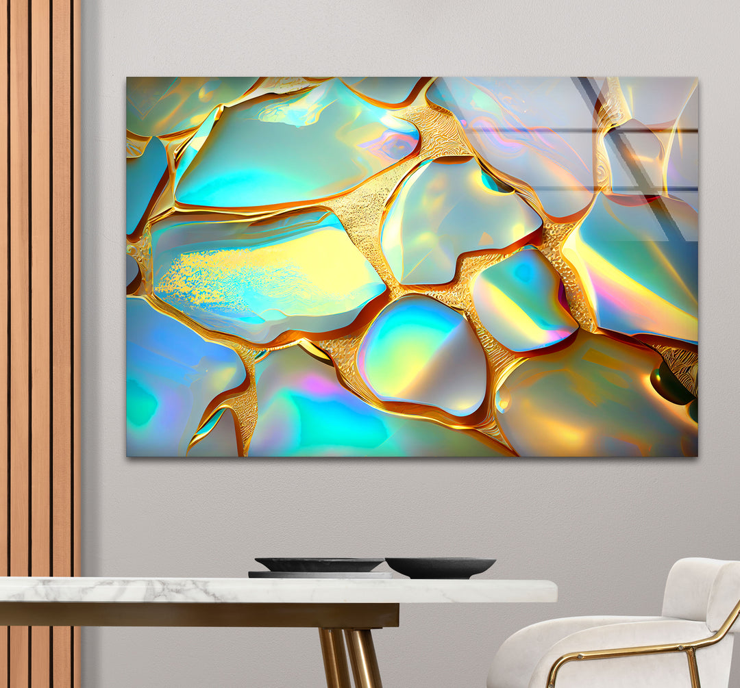 Iridescent Abstract Wall Art – Gold and Rainbow Glass Print Design