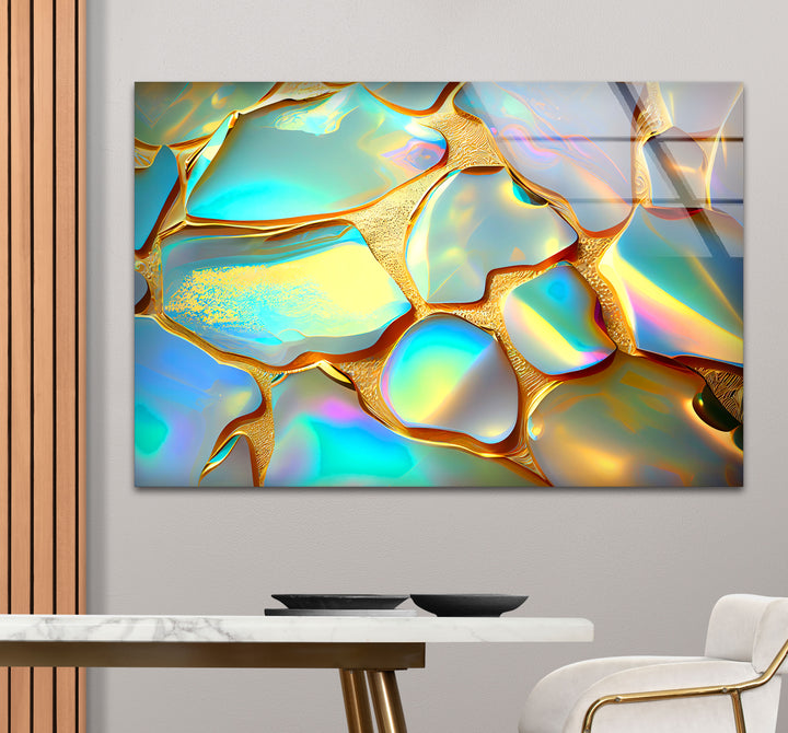 Iridescent Abstract Wall Art – Gold and Rainbow Glass Print Design