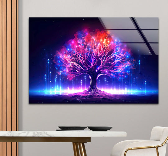 Neon fantasy tree art from glass with vast navy negative space and faint stars.
