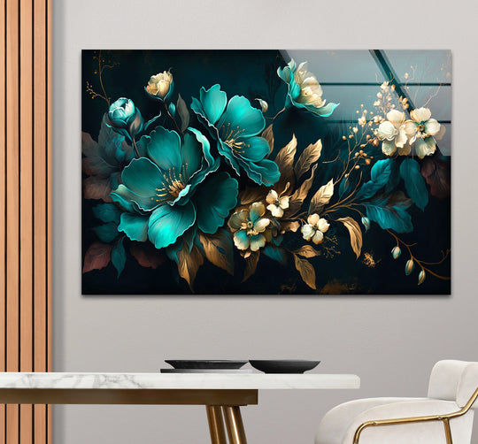 Teal, gold, and cream hues dominate this luxurious botanical design printed on tempered glass, creating a vibrant glass art painting.