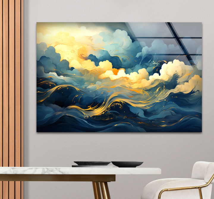 Goldener Himmel &amp; Meereswellen Wandkunst – Abstrakter Glasdruck von Dreamy Horizon 