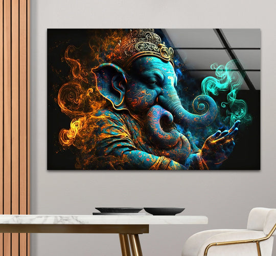 Highlighting the abstract quality, swirling hues define this Spiritual Ganesha Hindu deity wall art prints on glass, creating a mesmerizing, vibrant display.