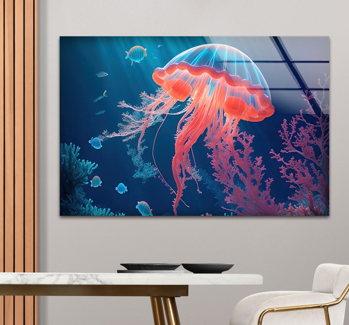 Neon Quallen Wandkunst – Unterwasser Ozean Szene Glas Druck Dekor