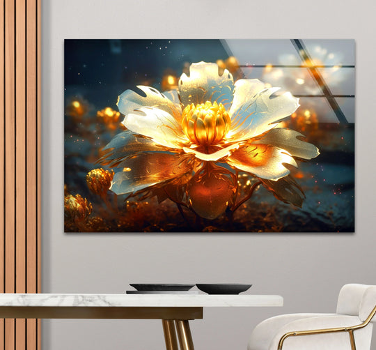 Featuring a lustrous finish, the golden bloom glass wall artwork highlights a luminous abstract flower print on glass, casting a radiant glow.